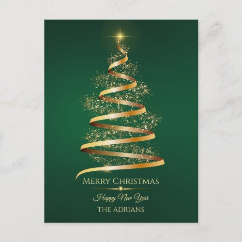 Green golden Christmas Tree with sparkle light  Holiday Postcard