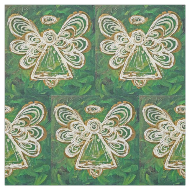 Green Golden Guardian Angel Art Fabric Material (Swatch)