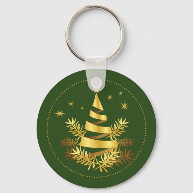 Green Golden Leaves Stars Christmas Tree Keychain (Front)