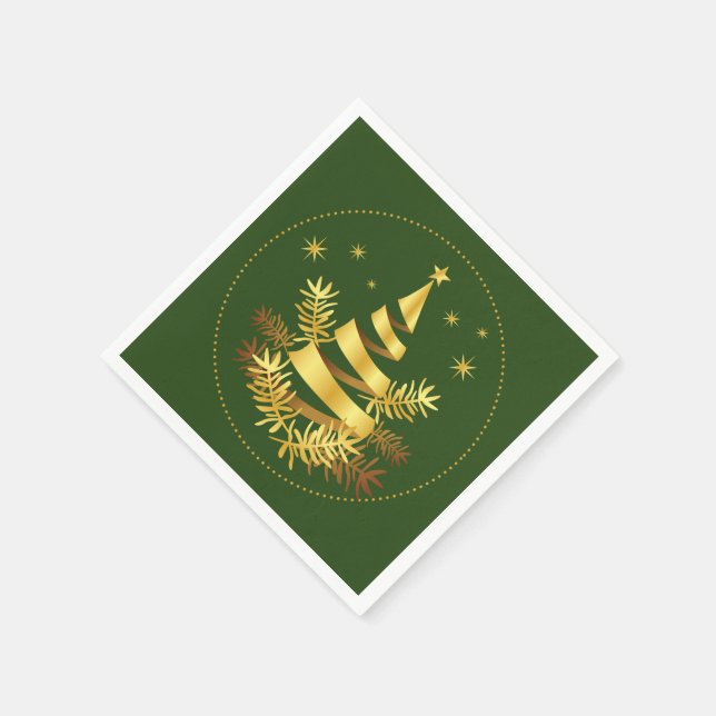 Green Golden Leaves Stars Christmas Tree Napkins (Corner)