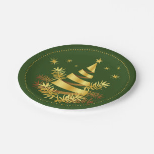 Green Golden Leaves Stars Christmas Tree Paper Plates