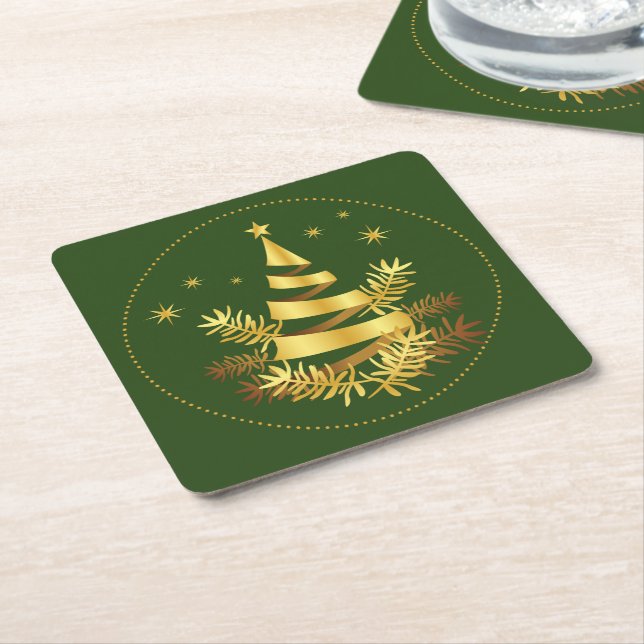 Green Golden Leaves Stars Christmas Tree Square Paper Coaster (Angled)