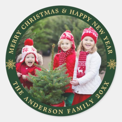 Green  Golden Merry Christmas Holiday PHOTO Classic Round Sticker