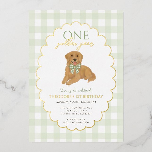 Green Golden Retriever Dog Pawty 1st Birthday Foil Invitation (Front)