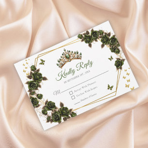 Green Golden Roses Tiara Butterflies Quinceañera RSVP Card