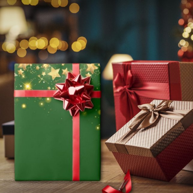  Green Golden Shiny Stars Christmas Wrapping Paper (christmas green shiny stars Christmas wrapping paper is a great way to show your holiday spirit)