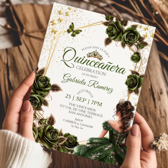 Green Golden Tiara Roses Butterfly Quinceañera Invitation (Creator Uploaded)