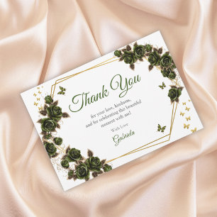 Green Golden Tiara Roses Butterfly Quinceañera Thank You Card