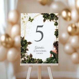 Green Golden Tiara Roses Quinceañera Table Number