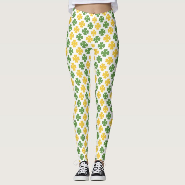 Green & Golden Yellow Shamrock Pattern Leggings (Front)