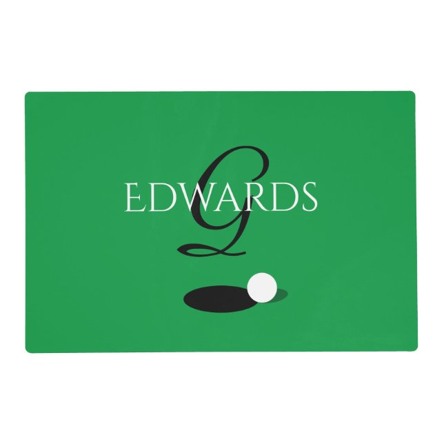 Green golf ball and monogram elegant laminated placemat (Front)