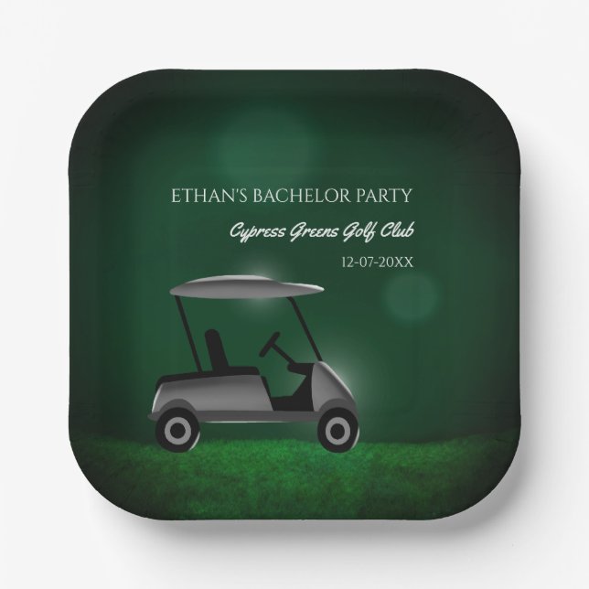 Green golf cart golfers bachelor party golf party paper plates (Front)