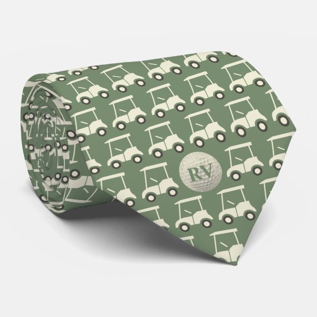 Green Golf Cart Monogram Golf Ball Neck Tie (Rolled)