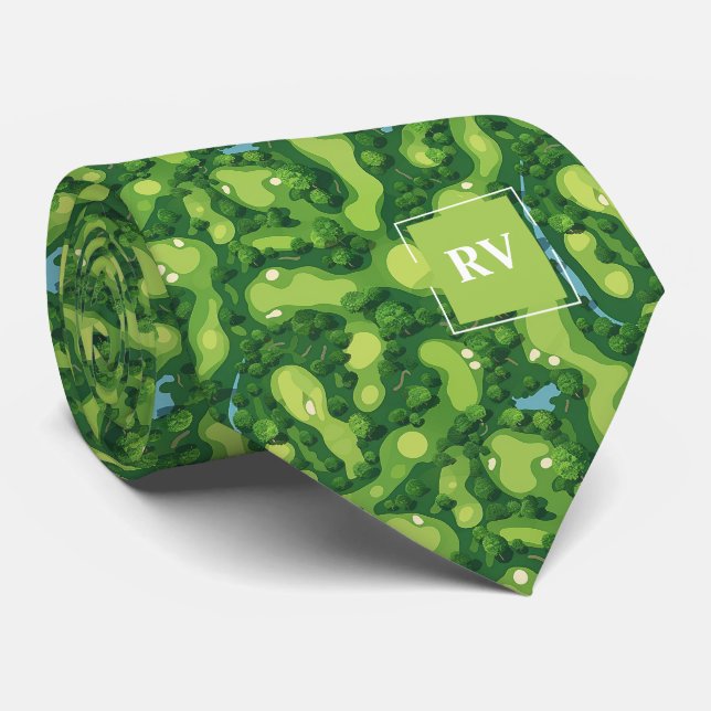 Green Golf Course Monogram Neck Tie (Rolled)