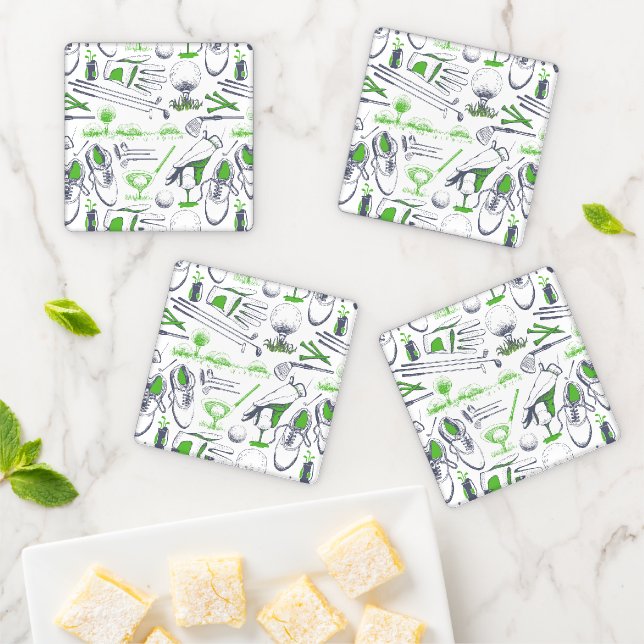 Green Golf Icons Pattern Coaster Set (In Situ)