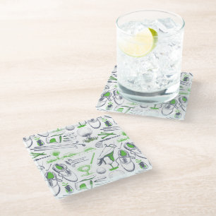 Green Golf Icons Pattern Glass Coaster