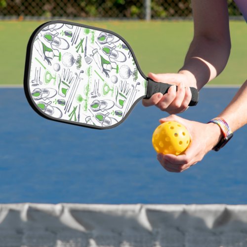 Green Golf Icons Pattern Pickleball Paddle