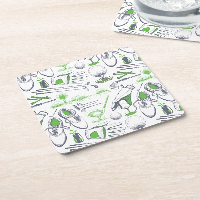 Green Golf Icons Pattern Square Paper Coaster (Angled)