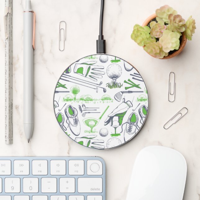 Green Golf Icons Pattern Wireless Charger (Desk)