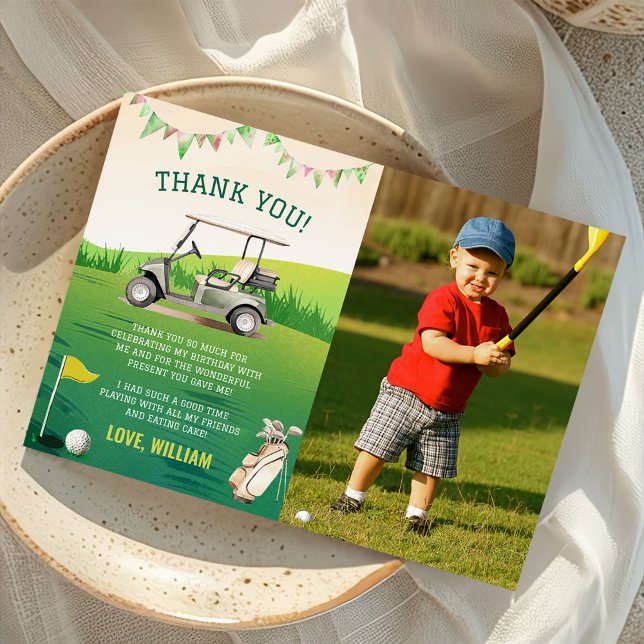 Green Golf Par-tee 1st Birthday Photo Thank You Card (Creator Uploaded)