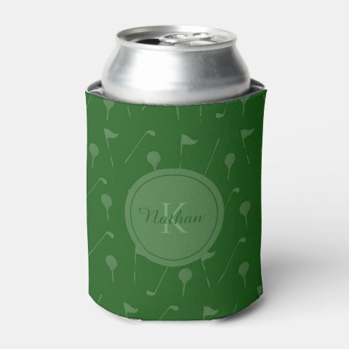 Green Golf Pattern Elegant Monogram Masculine Name Can Cooler