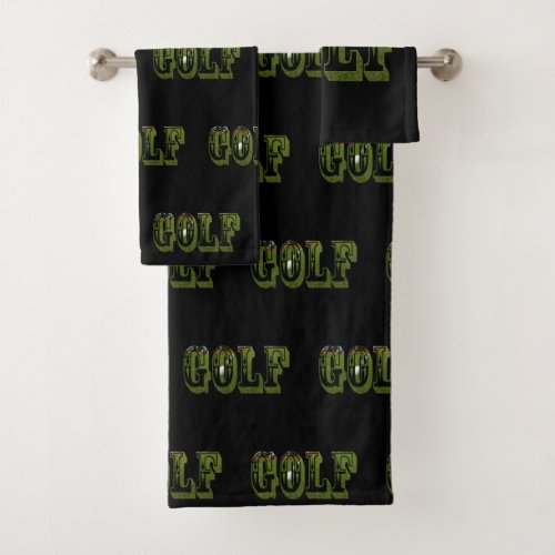 Green Golf Picture Logo On Black Bath Towel Set