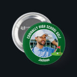 Green Golfer Photo High School Golf Team Button<br><div class="desc">This cool customized high school golf team photo gift features white typography of your golfer name on a green button with a cute golfing icon. Personalize with your student's photograph and class year as a proud sports parent. A mom and dad can wear these buttons to sports games.</div>
