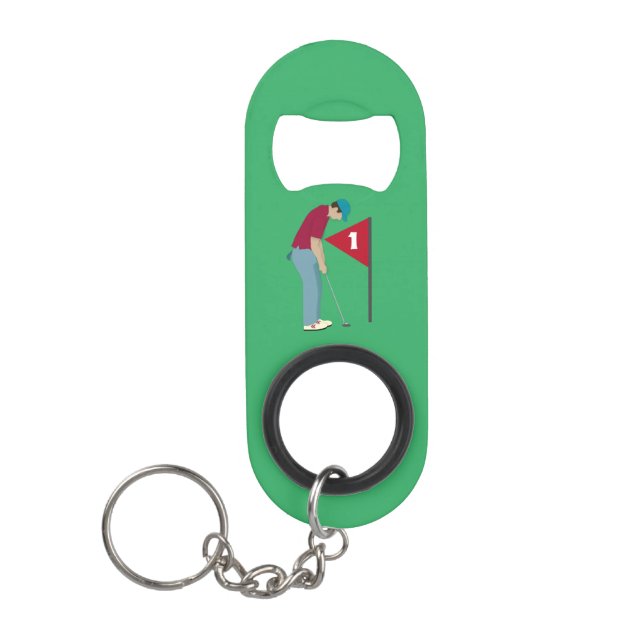 Green Golfer Putting Ball Keychain Bottle Opener (Front)