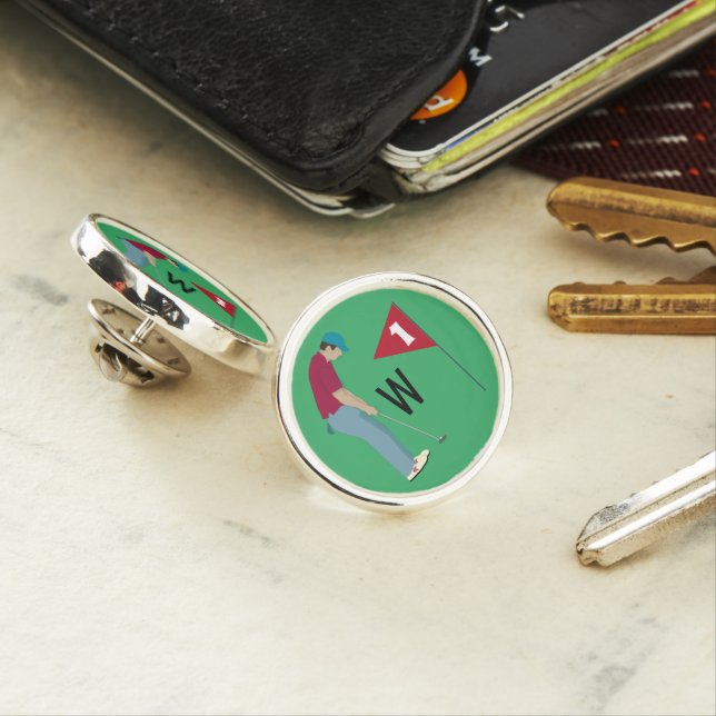 Green Golfer Putting Ball Monogram Lapel Pin (In Situ)