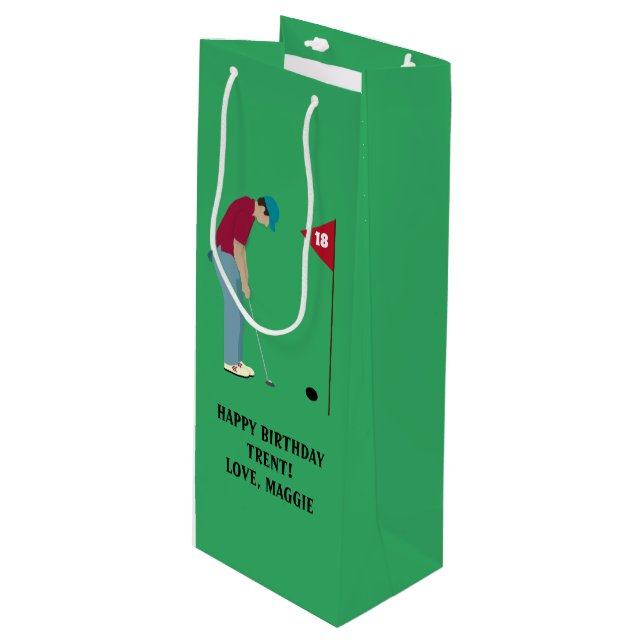 Green Golfer Putting Ball Wine Gift Bag (Front Angled)