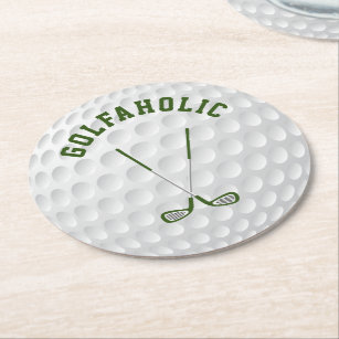 Green golfing crossed clubs custom text round paper coaster