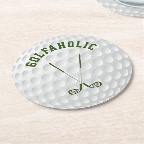 Green golfing crossed clubs custom text round paper coaster