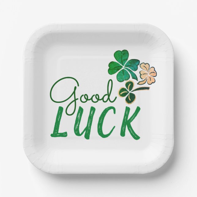 Green Good Luck Four Leaf Clover Shamrock  Paper Plates (Front)
