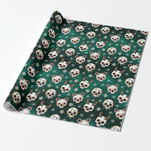 Green Goth Christmas Skull Wrapping Paper
