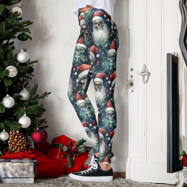 Green Gothic Christmas Skulls Santa Hats Gothmas Leggings (Creator Uploaded)