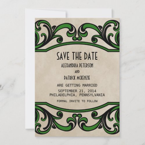 Green Gothic Swirls Save the Date Invite