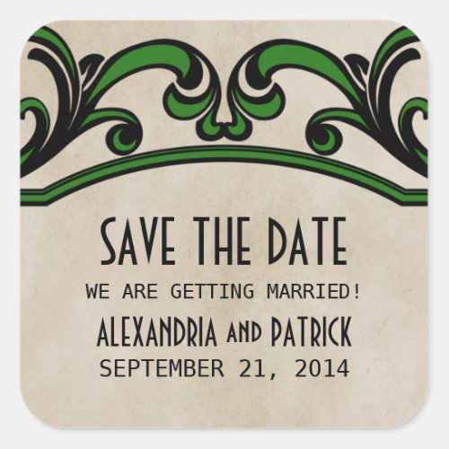 Green Gothic Swirls Save the Date Stickers