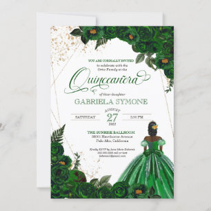 Green Gown Elegant Roses Afrolatina Quinceanera Invitation