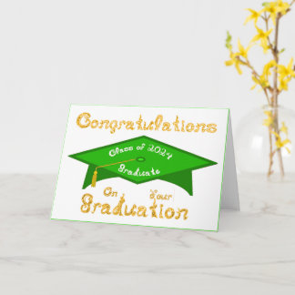 Green Grad Cap Gold White Graduate Class 2024 Hat  Card