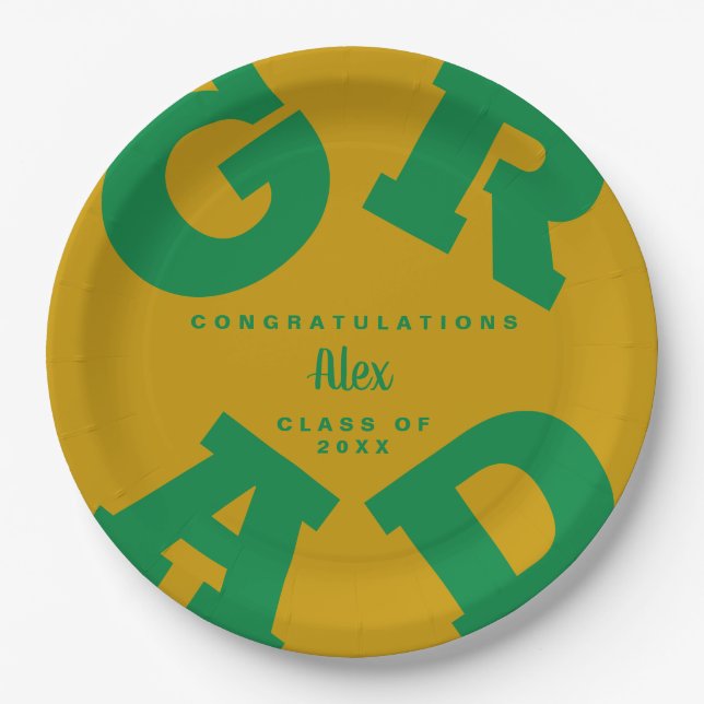 Green Grad Text on Gold Graduation Custom Name Paper Plates (Front)