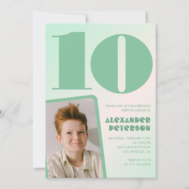 Green gradient 10th birthday invitations Boy Photo (Front)