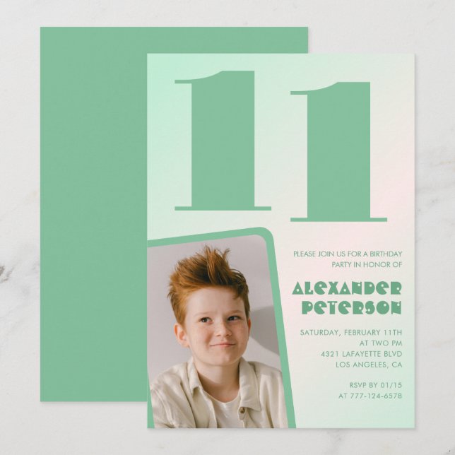 Green gradient 11th birthday invitations Boy Photo (Front/Back)