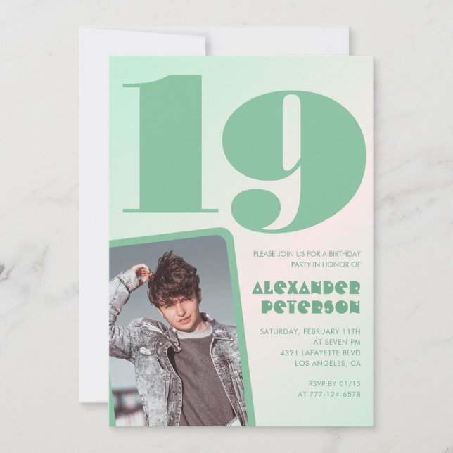 Green gradient 19th birthday invitations Boy Photo (Front)