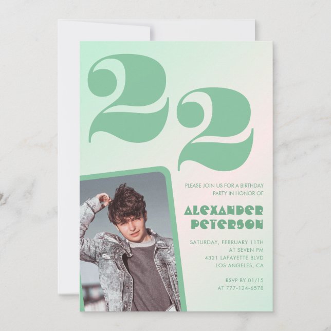Green gradient 22nd birthday invitations Boy Photo (Front)
