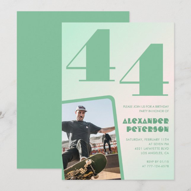 Green gradient 44th birthday invitations Boy Photo (Front/Back)