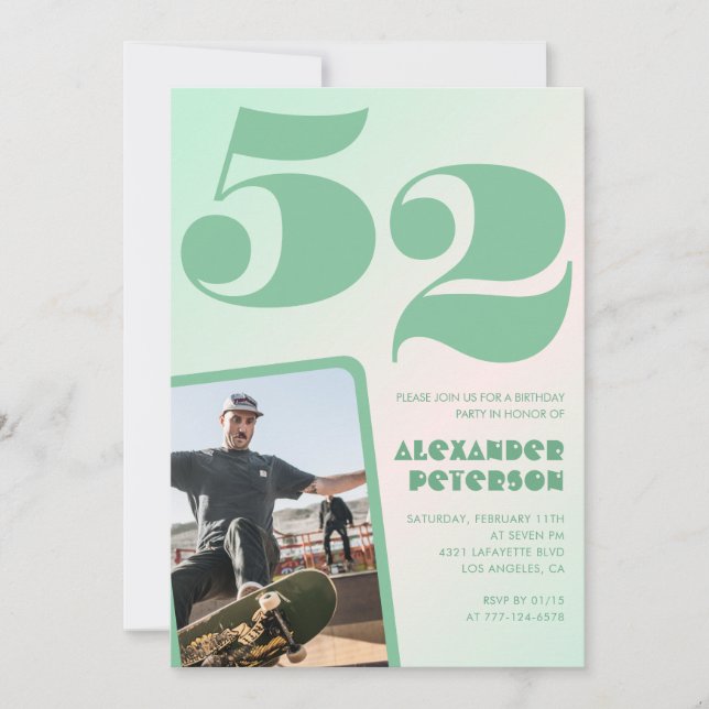 Green gradient 52nd birthday invitations Boy Photo (Front)