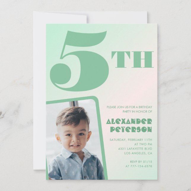 Green gradient 5th birthday invitations Boy Photo (Front)