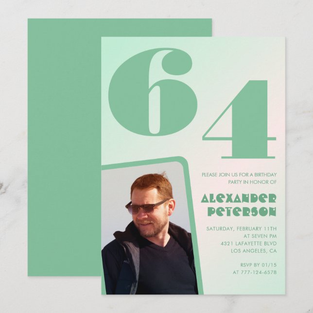 Green gradient 64th birthday invitations Boy Photo (Front/Back)