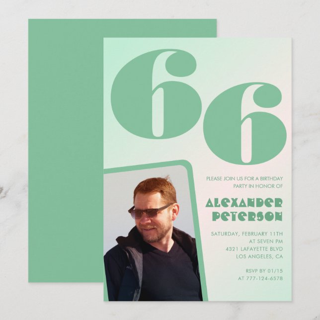 Green gradient 66th birthday invitations Boy Photo (Front/Back)