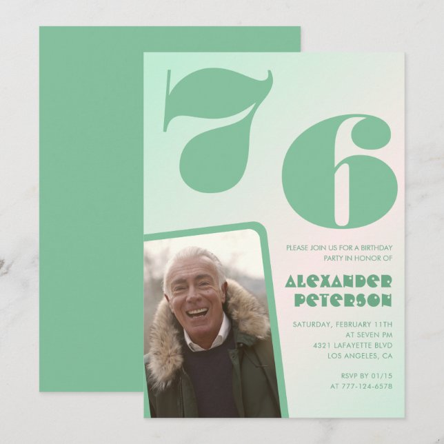 Green gradient 76th birthday invitations Men Photo (Front/Back)